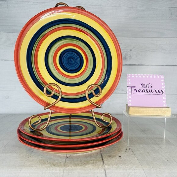 Tabletops MUTILCOLOR SWIRL Red Blue Hand Painted Stoneware Dinner Plate Set of 4 - Picture 1 of 16